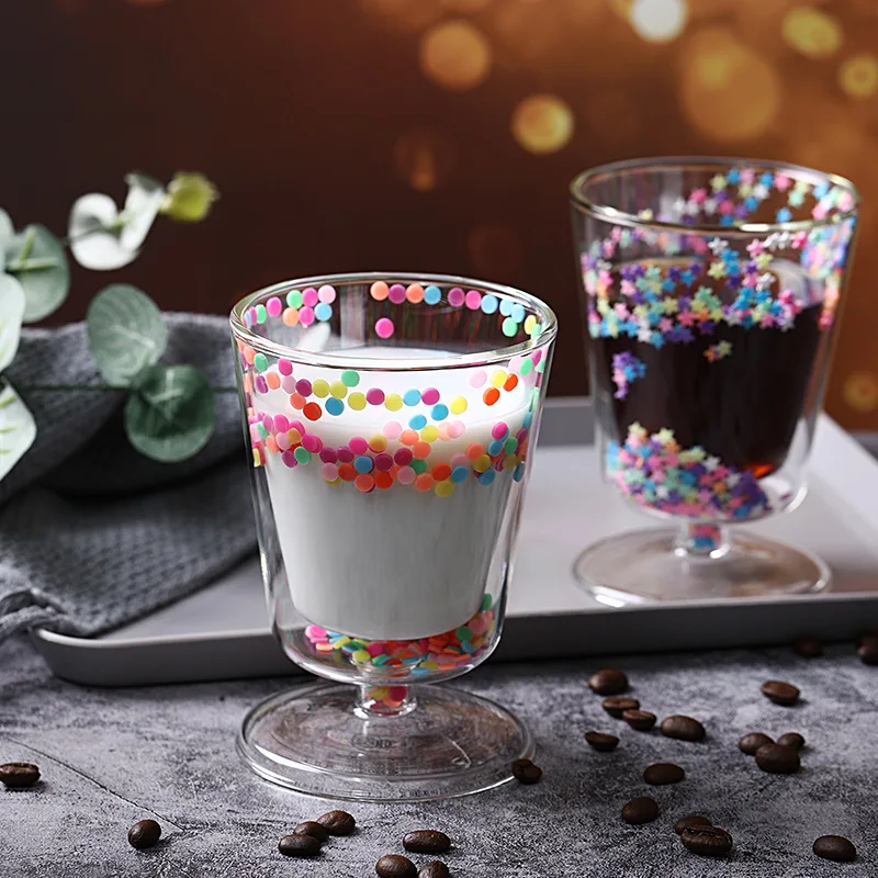 Handmade lovely cute double layer glass water coffee milk cup Borosilicate Insulated Stars Sequin Juice mugs for girl use