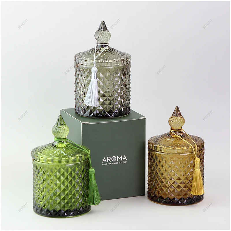 Luxury Empty Geo Glass Vessels With Lid For Candle Making Colored Storage Jar Candy Jar Design Embossed Geo Candle Vessels