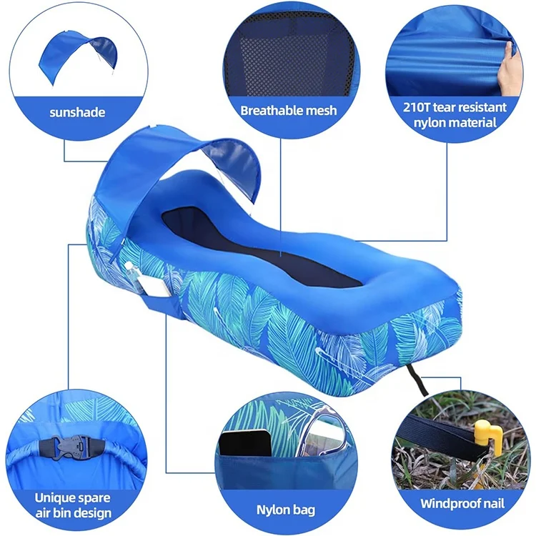 Inflatable Lounger Air Sofa Beach Bed with Pillow Couch Camping Chair Hammock with Sunshade for Hiking Travel Beach Park Picnics