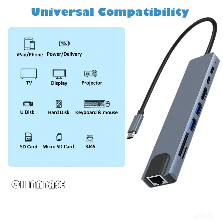 High quality 8 in 1 Type-C Hub Multiport Dock Station with 4K HDMI USB3.0 RJ45 SDTF USB-C PD Charging Adapter 8 ports USB C Hubs