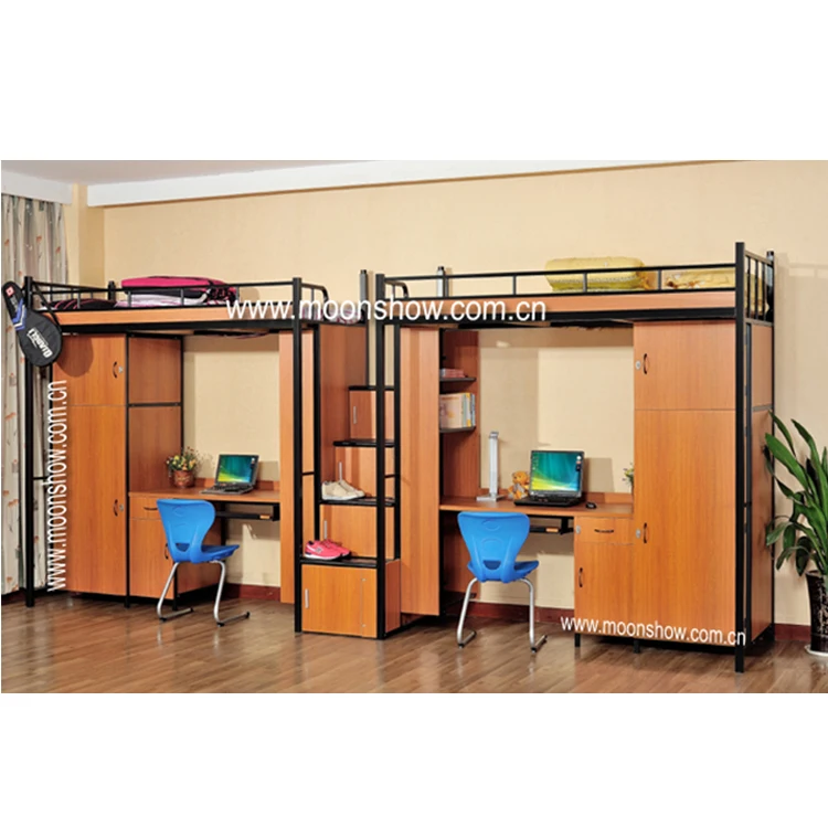 Wood bunk bed with desk and wardrobe