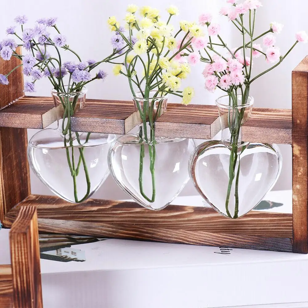 Hanging Glass Tabletop Flower Vase Plants Hydroponic Pot w/ 3 Beaker& Wood Stand