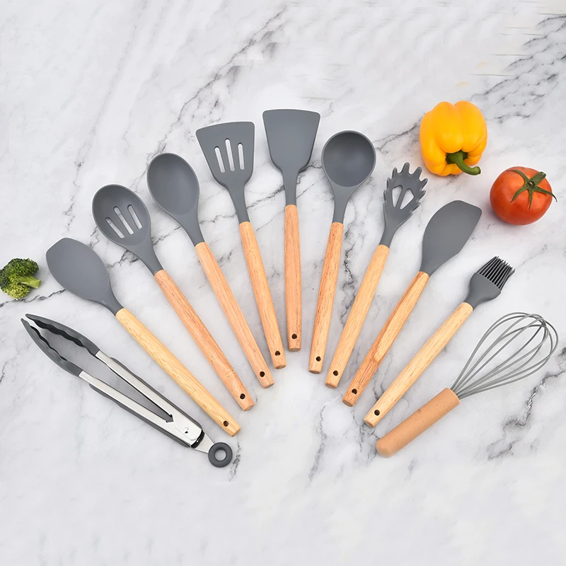 YF Easy cleaning and space-saving silicone kitchen tools set wooden handle Kitchenware with scissors and knives 19-pcs set