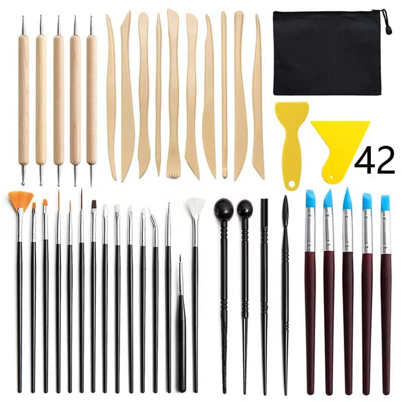 r ceramic tools 42-piece set, clay carving knife, hook-up drawing brush, embossed pill stick, silicone dot point drill pen