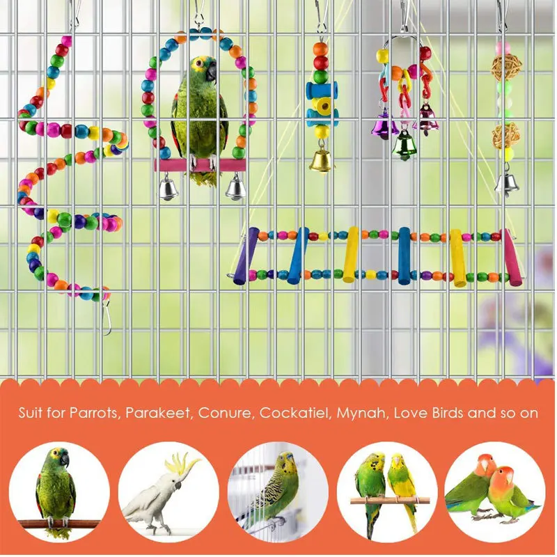 Natural Wood Ladder Colorful Hanging Shredding Toys Parrot Chew Wooden Blocks Bird Perch for Parakeets