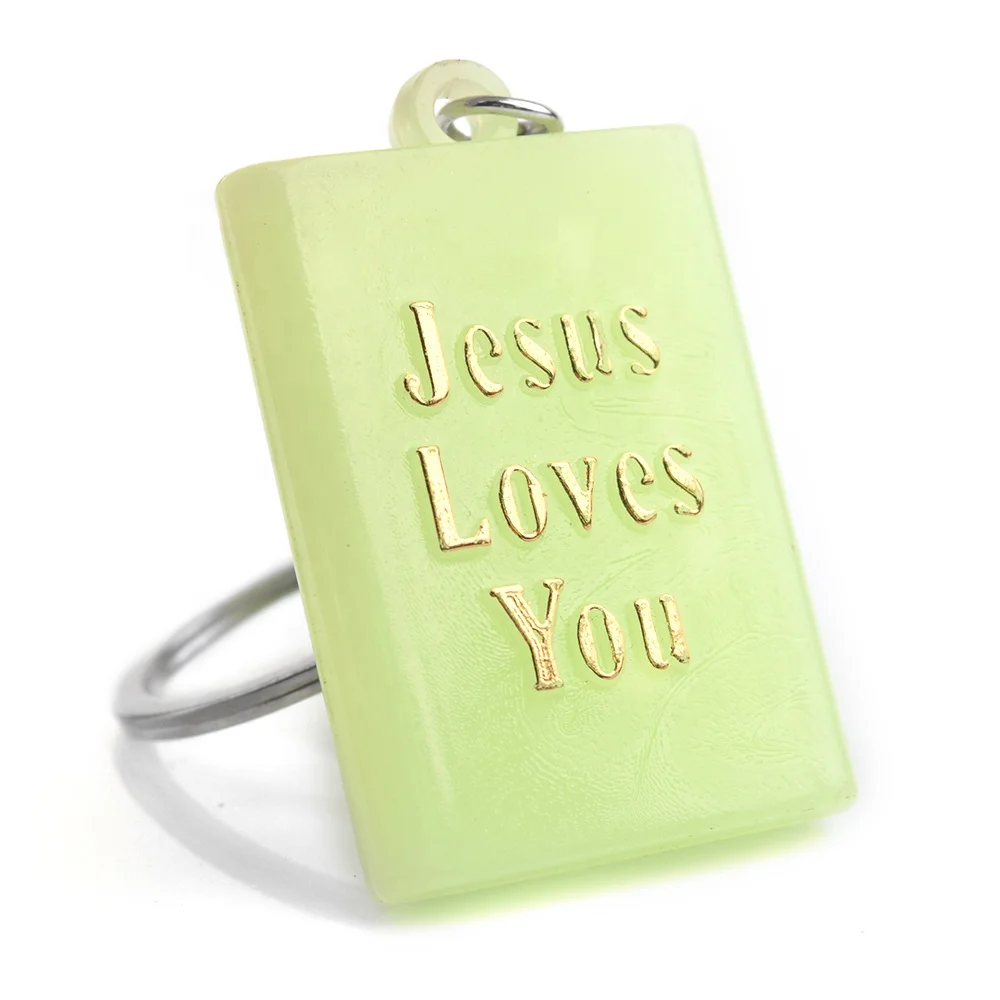 Catholic Jesus Loves You Key Ring Plastic Black Green Luminous Cross Religious Keychain