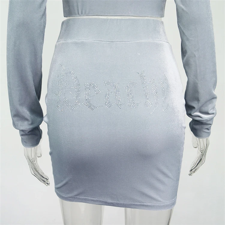 Ladies slim zipper tracksuit rhinestone 2 piece set skirt casual jogging velvet Bodycon skirt set