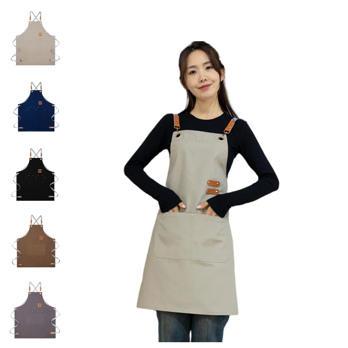Heavy Duty Coffee Shop Chef Restaurant Men Leather Garden BBQ Grilling Denim Cotton Barber Canvas Work Aprons with Tool Pockets