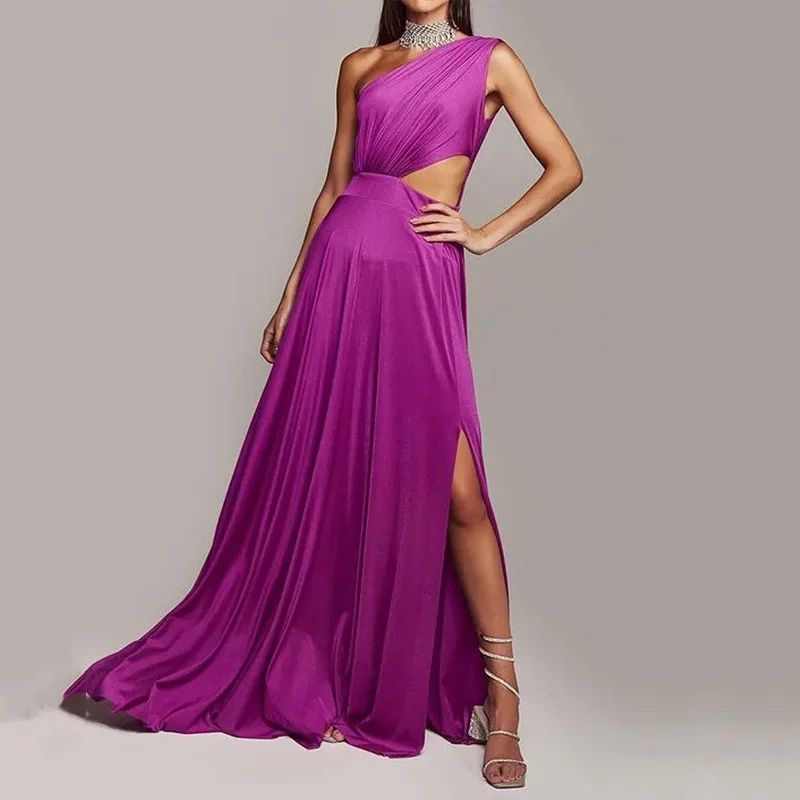 Solid Colour Hollow Out Woman Dresses One Shoulder Sleeveless Pleated High Waist Split Evening Dress Elegante