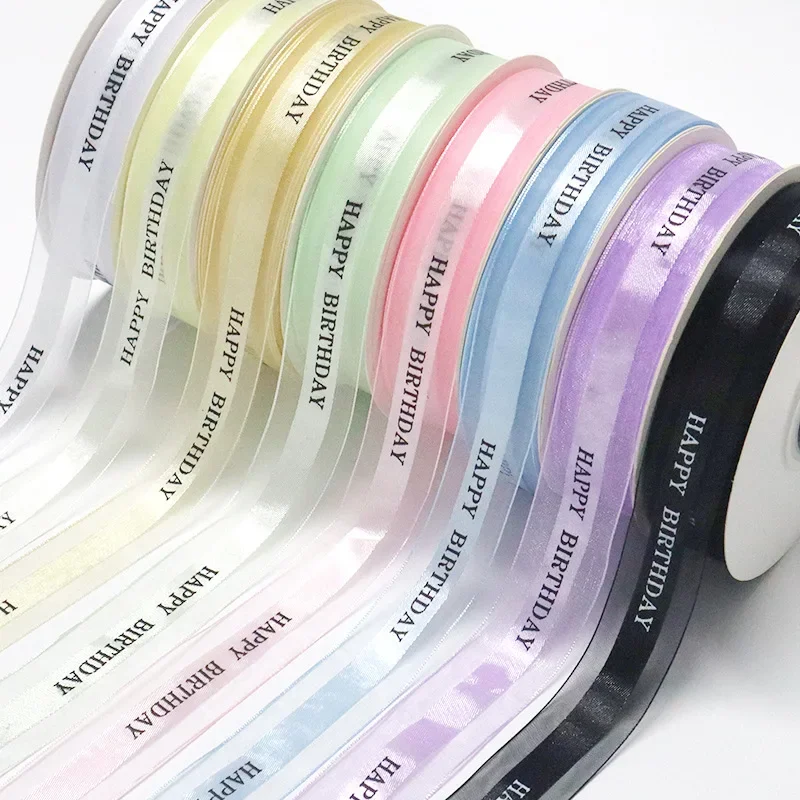 Hot Sell  50 YARD &2.5cm  Happy Birthday Cake Box Ribbon Baking Decorative Packaging Binding Gift Floral   Flower organza Ribbon