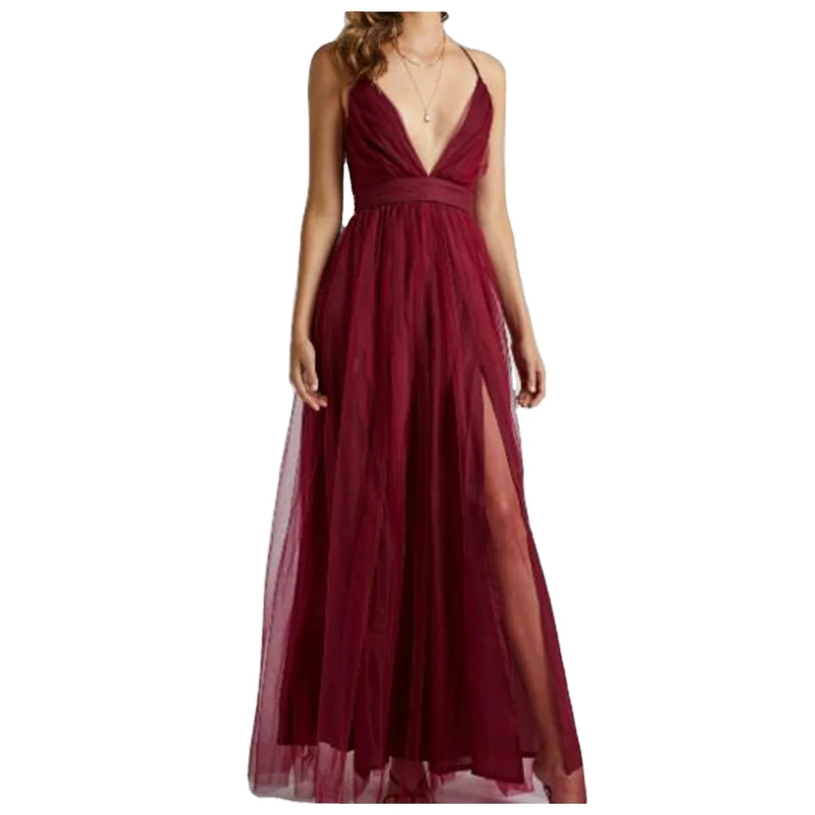 Factory Sale Various V-neck Ladies Elegant Chiffon Tulle See-through Sleeveless Party Evening Dress