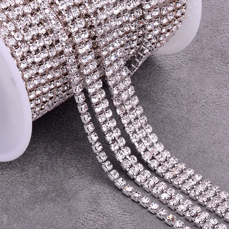 JUNAO 1 2 3 Rows SS12 Sil ver Crystal Trim 10 Yard Clear Glass Rhinestones Chain Sewing Stones Ribbon For Jewelry Dress