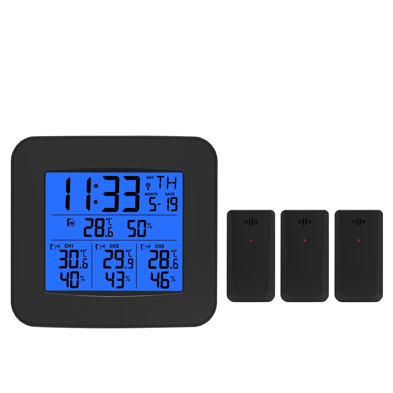 Digital thermometer with radio controlled time display indoor outdoor temperature humidity with three sensors for home warehouse