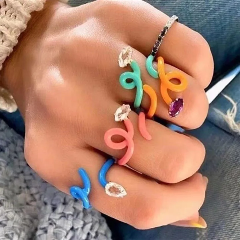 
Colorful Zircon Snake Finger Clay Ring hot sale Rainbow Enamel Ring tiktok popular Twisted Ring 