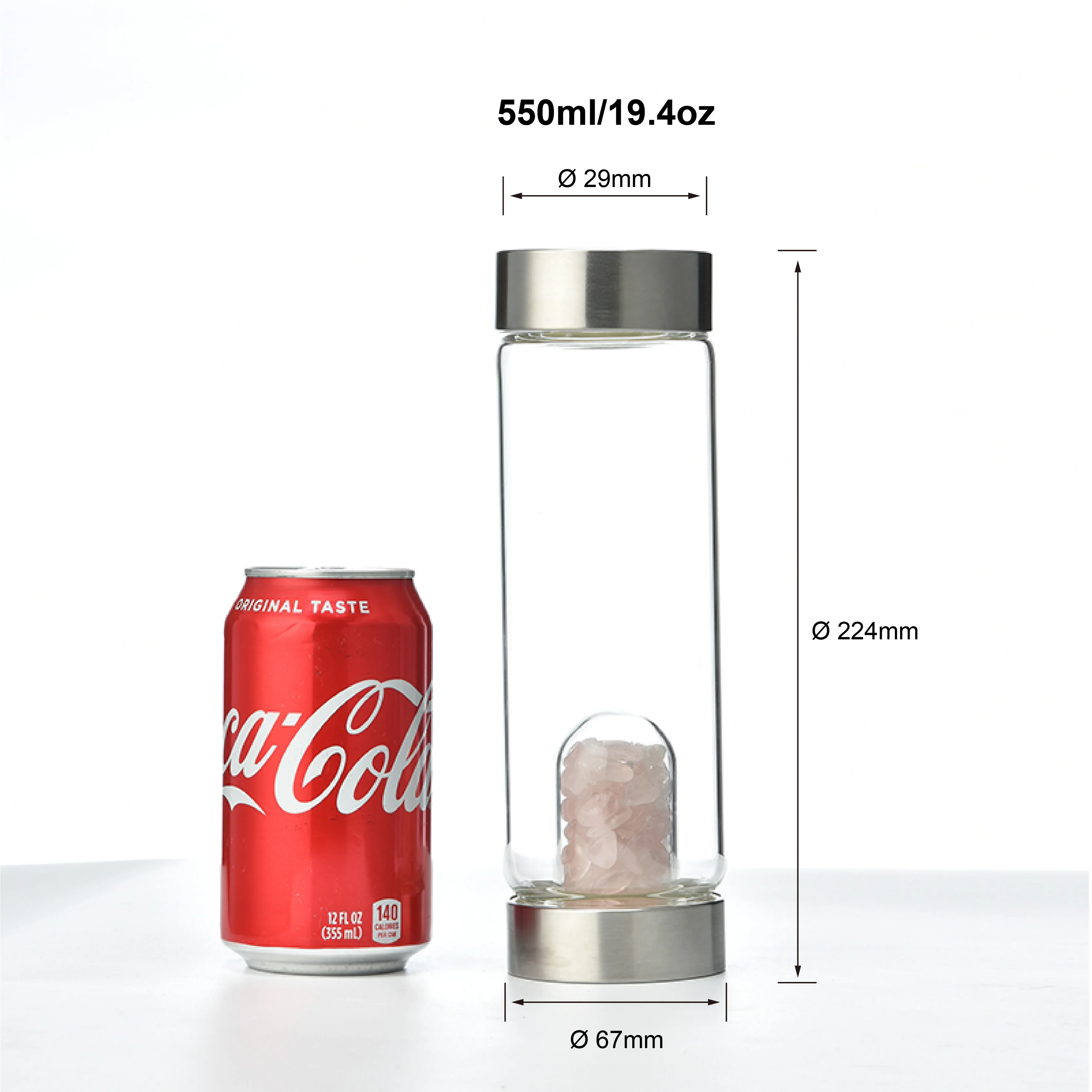 
400ml,500ml Whosale Natural Rose Gravel stone/Rose Quartz Infused Gemstone crystal Points holy Borosilicate Glass Water Bottle 