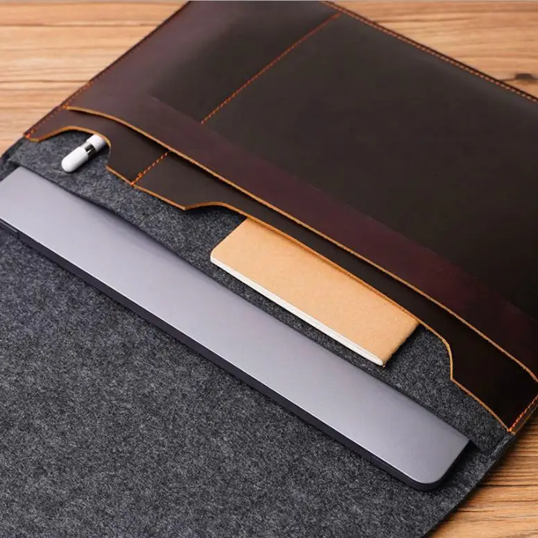 Factory Custom Design Slim Portable Handbag Case tablet cover Soft Grey Felt Brown Leather Patch Wool Felt Laptop Sleeve