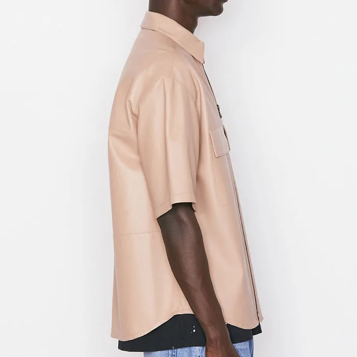 OEM short sleeve drop shoulder double chest pockets zip up plain faux leather shirt hip hop men cowboys plus size workout shirts