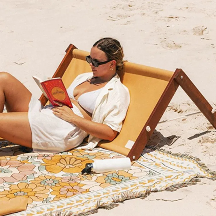BR Large Sand free Waterproof 2 Adult Padded Beach Mat Chairs Picnic Blanket Outdoor Wooden Frame Canvas Sun Bed Lounge Recliner