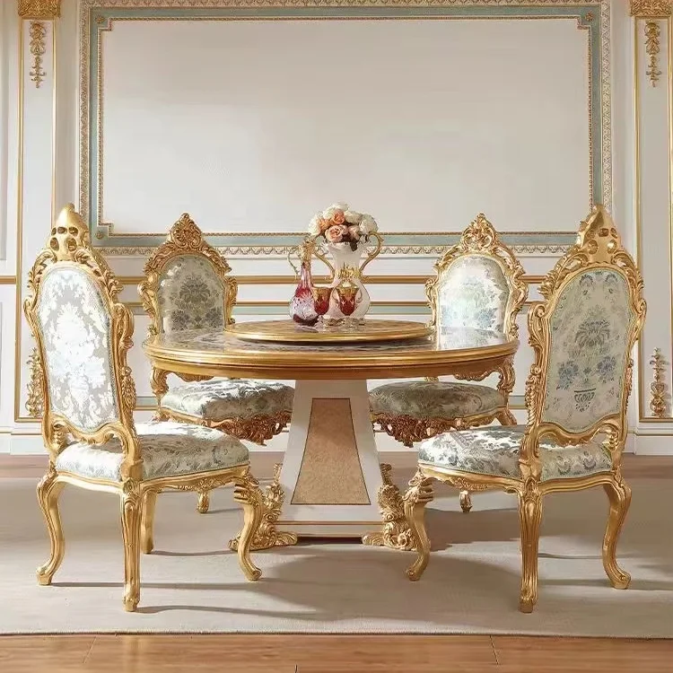 French Court round Dining Table Chair Set 1.5m Retro Luxury European Shell Design Antiqued Wood for Home or Hotel/Villa Use