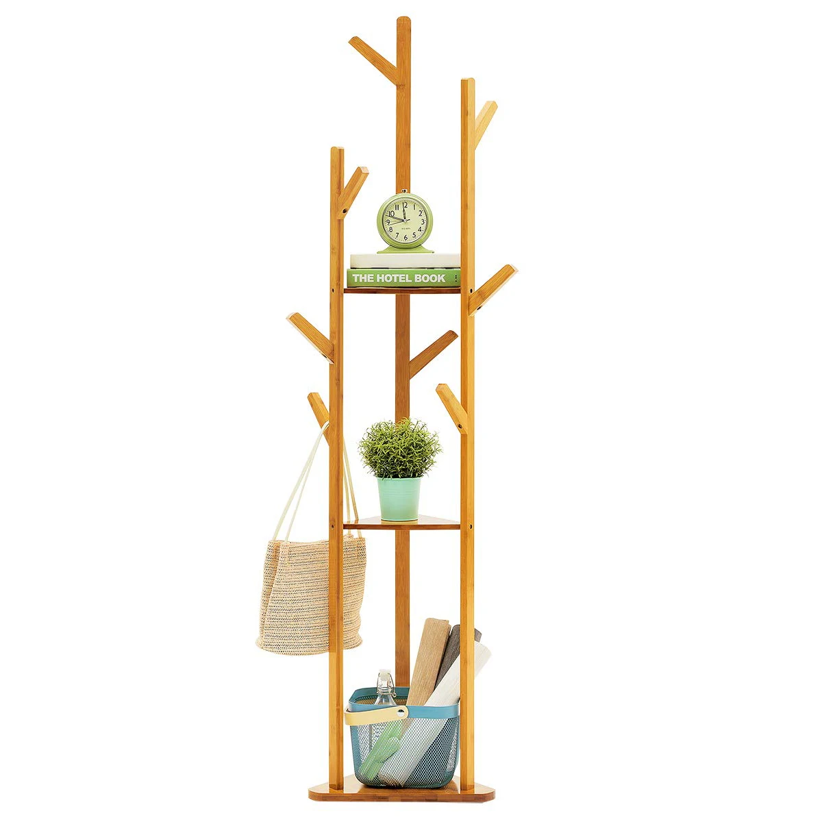 Bamboo Tree Garment Clothes Coat Hat Umbrella Portable Hanger Stand Rack with 3-Tier Storage Shelves and Hooks