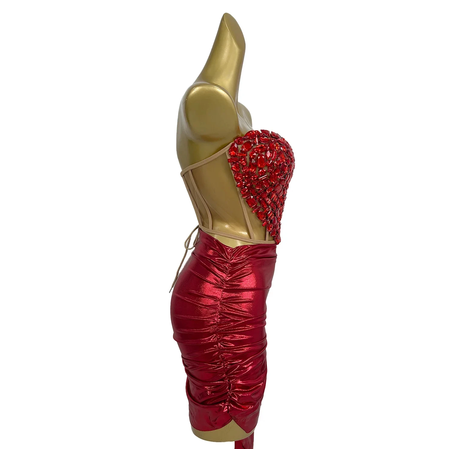 Sexy Red Rhinestone Corset Skirt 2 Piece Outfit Set Party Celebration Show Stage Performance Dance Costume Women Night Club Wear