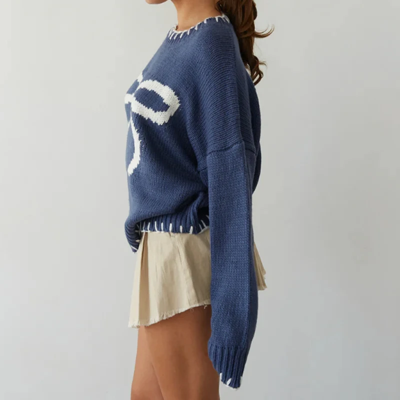 Crewneck Knit Pullover Oversized Slouchy Y2K Sweater Bow Graphic Chunky Knit Sweater Chunky Coquette Sweater
