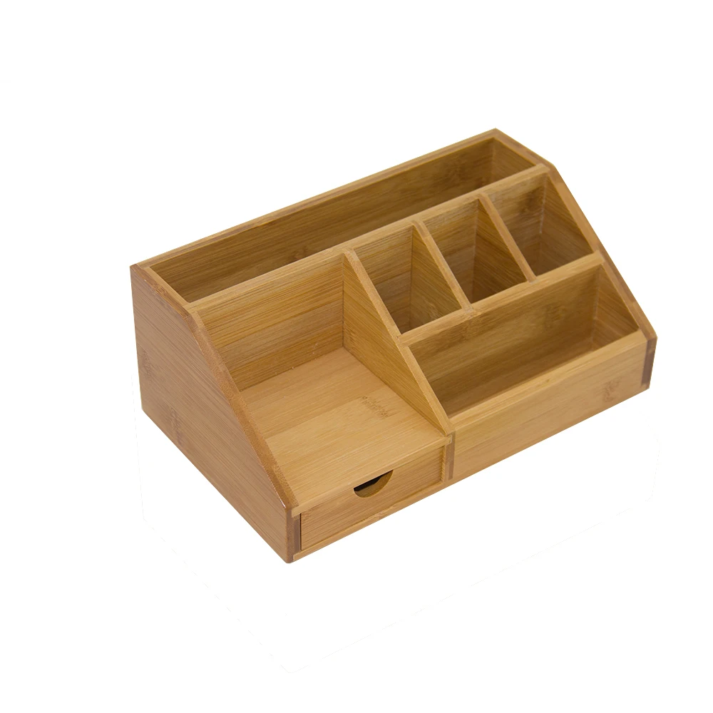 Modern desk decoration bamboo office pen business card holder with mini drawer