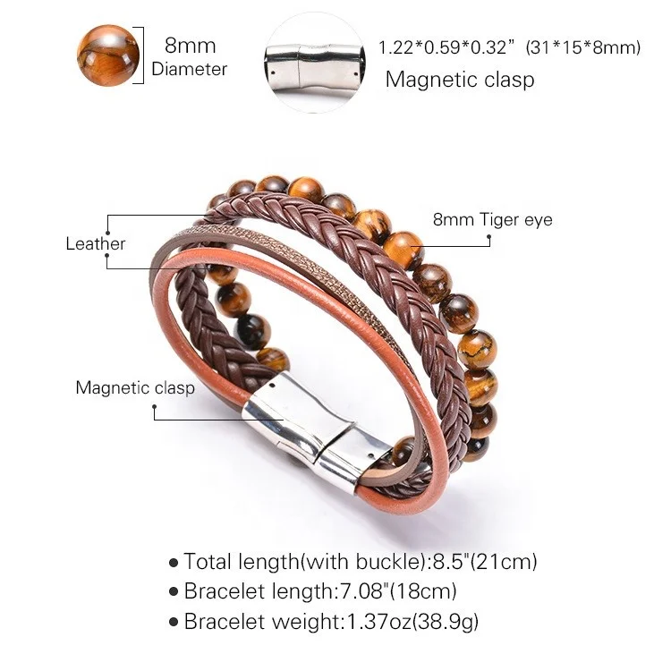 Wholesale designs with natural tiger eye stone  handmade beads multilayer stainless steel magnet buckle leather bracelet