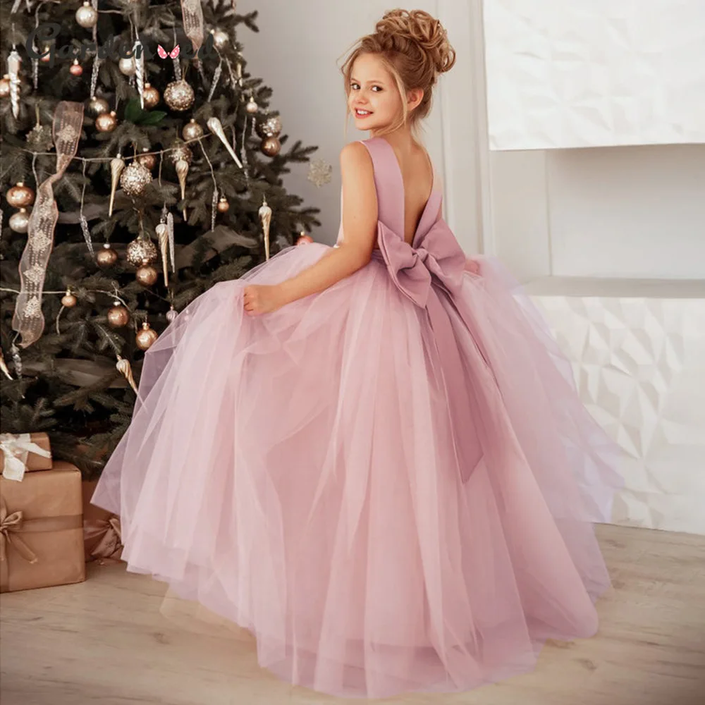 Finalz wholesale kids baby Formal Gown Mesh Bow Pink Sleeveless party dresses for girls