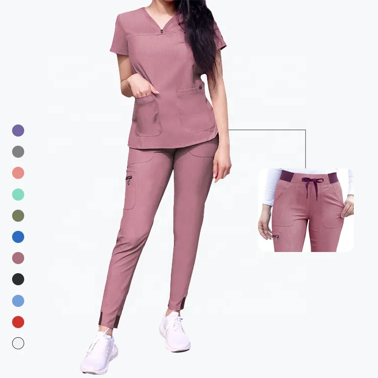 Modern Athletic V-Neck Scrub Top & Yoga Jogger Scrub Pants Uniform Spandex Scrubs Set for Women
