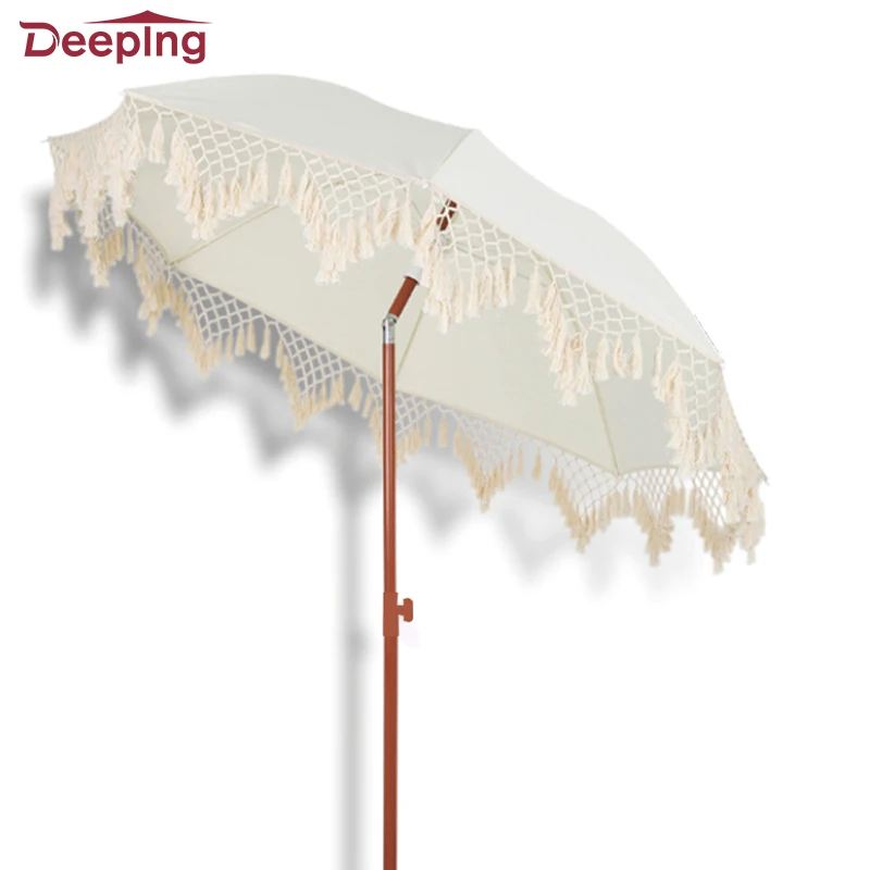 Glamping fringed lace parasols wholesale outdoor beach parasol wedding white lace parasol umbrella
