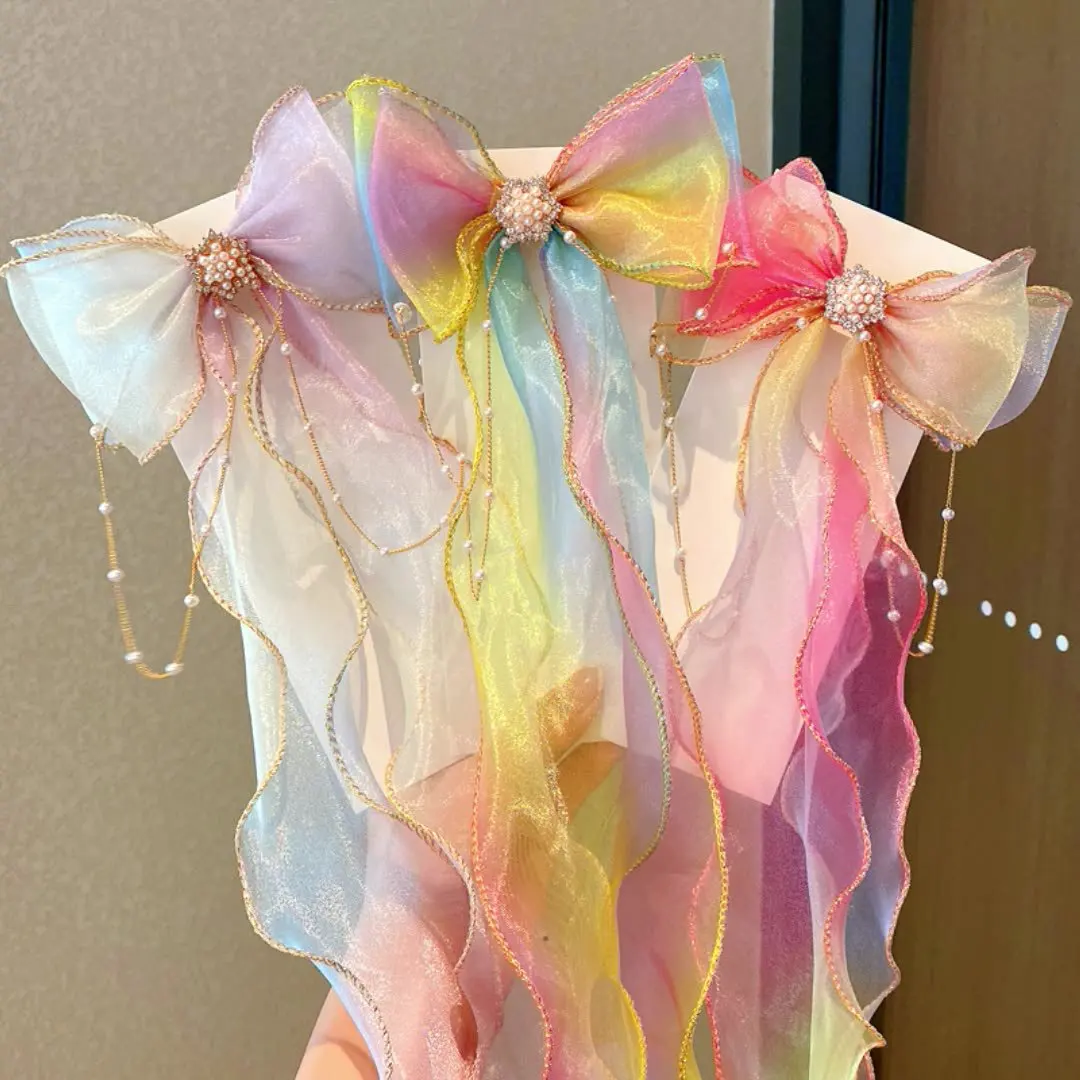 Children kids girl big bow hair clip hairpin sweet mesh hair accessories pearl diamond organza Butterfly Headdress
