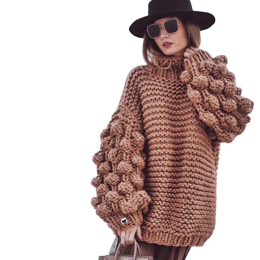 Женские вязаные свитера ручной работы большого размера цвета хаки, плотный пуловер с длинным рукавом и воздушным шариком и высоким воротником, свитер, пальто