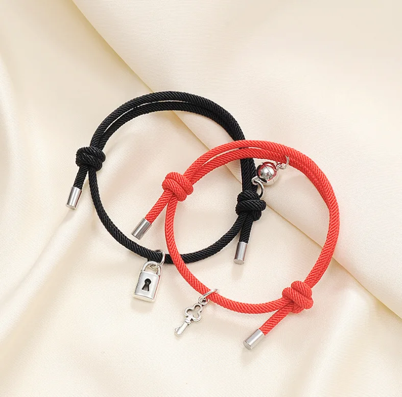 Couple Bracelet Pair of Love Lock Alloy Magnetic Buckle Braided Size Adjustable Jewelry