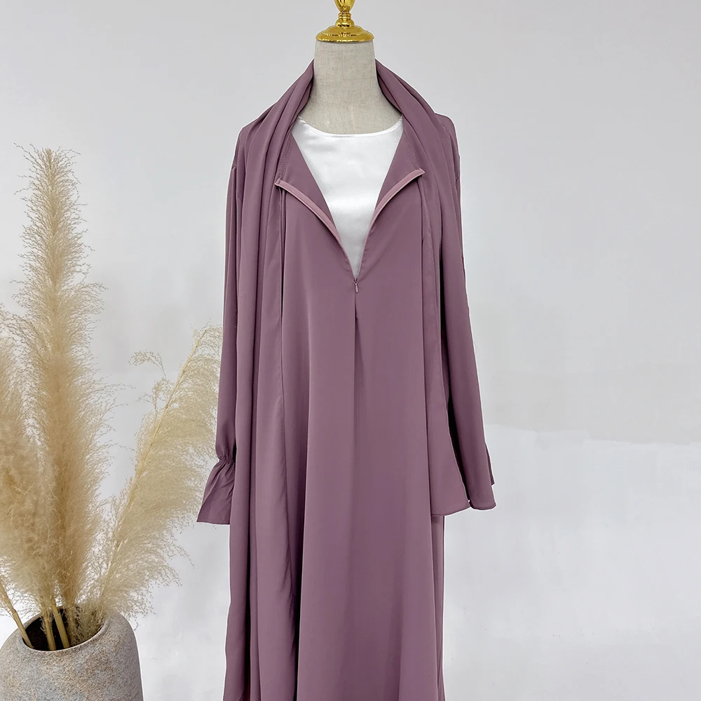 Modest Muslim Women One Piece Prayer Hijab Dress Solid Color Plus Size Trumpet Sleeves Ramadan eid Jilbab Abaya Muslim Dress