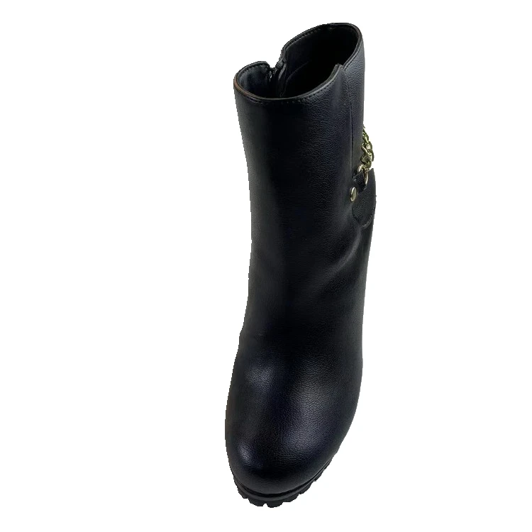 Alloy ankle chain Metal shoe chain  Autumn Winter  Black genuine Leather Ankle Boots women boots shoes
