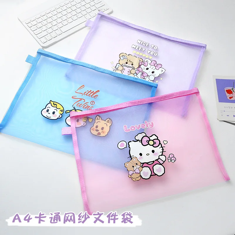 Sanrioed A4 Mesh Zipper bag portable cute organize pencil case Hello Kittymelody school supplies travel toiletry cosmetic bag