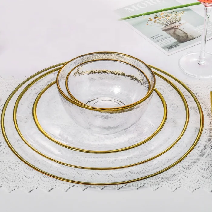 2024 Gold Rim Charger Plates Event Wedding Camping Minimalist Glass Charger Plates Round Glass Charge Party Plates