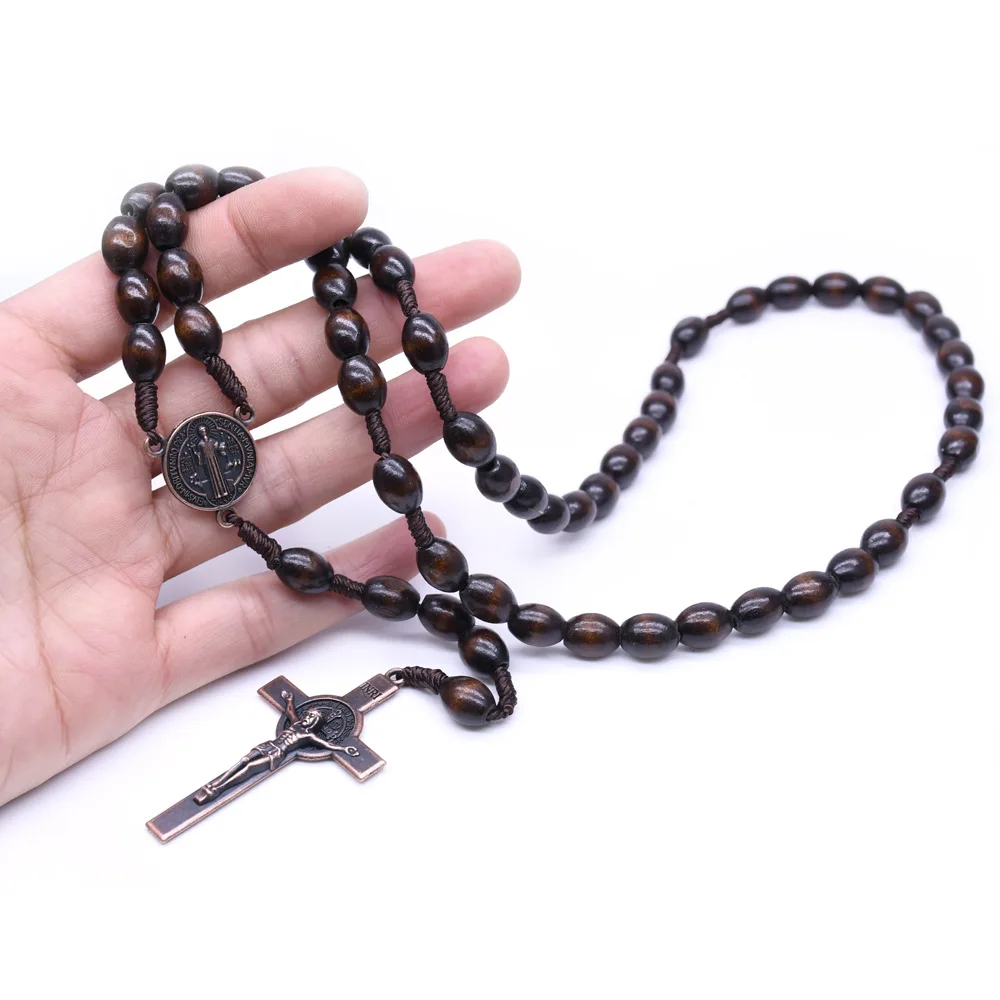 Cross Braided Dark Brown Rice Beads Wood Rosary Necklace Gold Catholicism Gift Religious Prayer Beads