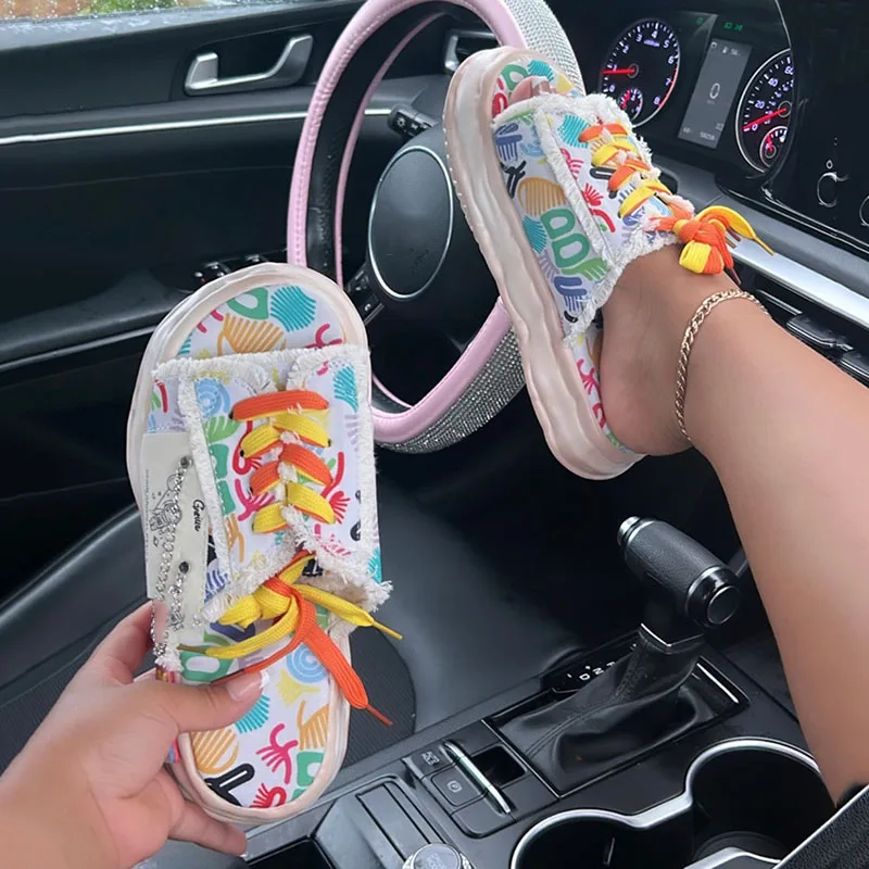 Hot Selling Shoe String Canvas Chains Smiley Clogs Fashion Lace-up Platform Sandals For Women Indoor Outdoor Platform Slipper