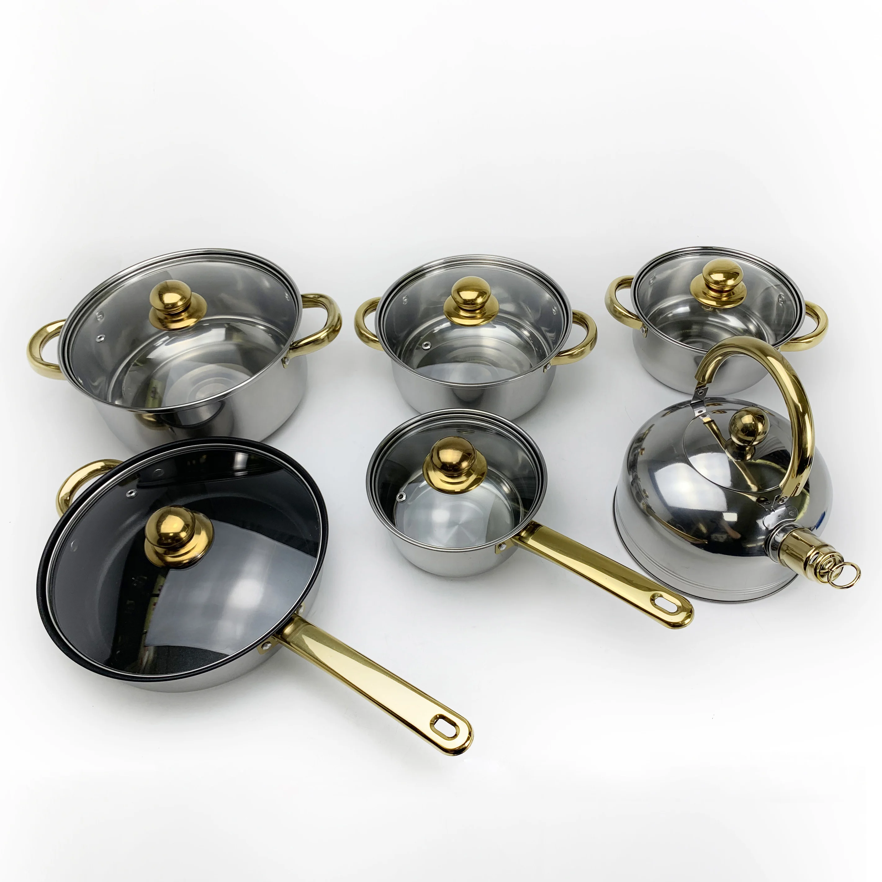 Wholesale 12pcs Cookware Set Stainless Steel Kitchenware Utensil Luxury Cooking Pot Set With Gold Color Handle