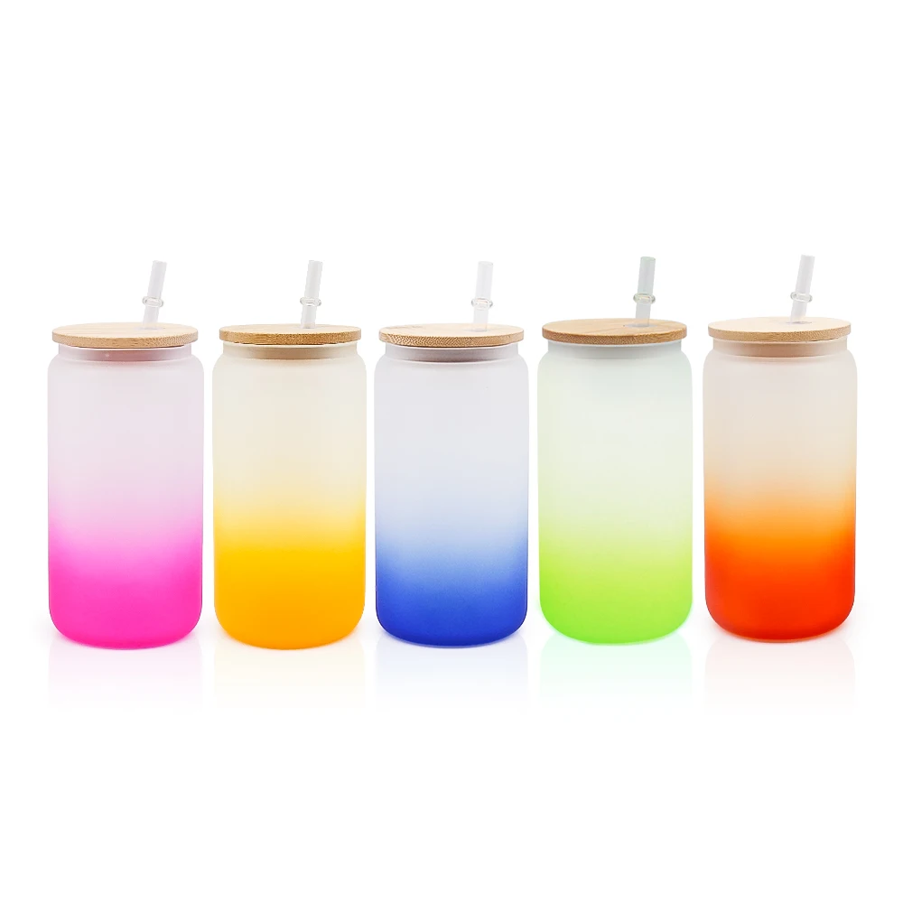 USA Warehouse 16oz Portable Beverage Colorful Coffee Ombre Gradient Frosted Glass Beer Bottles Jar Cup with Bamboo Lid