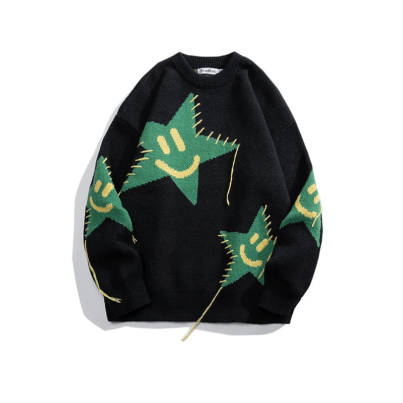 new round neck trendy men and women couple knitted sweater cartoon knitted jacquard large size knitted sweater