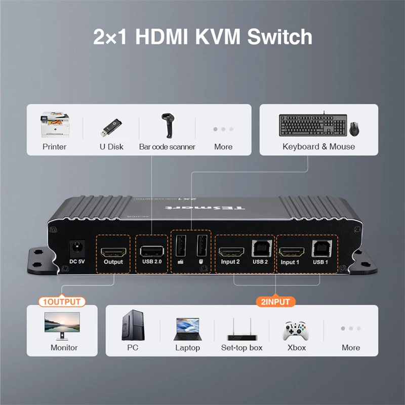 TESmart 2x1 HDMI KVM Switch 4K Auto Scan With EDID emulators support IR Remote Control 4K@60Hz 2 Port USB HDMI KVM Switch