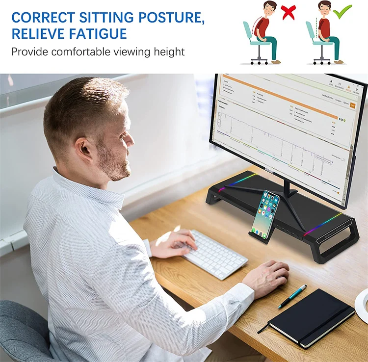 Лидер продаж на amazon, подставка для монитора RGB, подставка для монитора компьютера с дополнительным выдвижным ящиком и держателем для телефона
