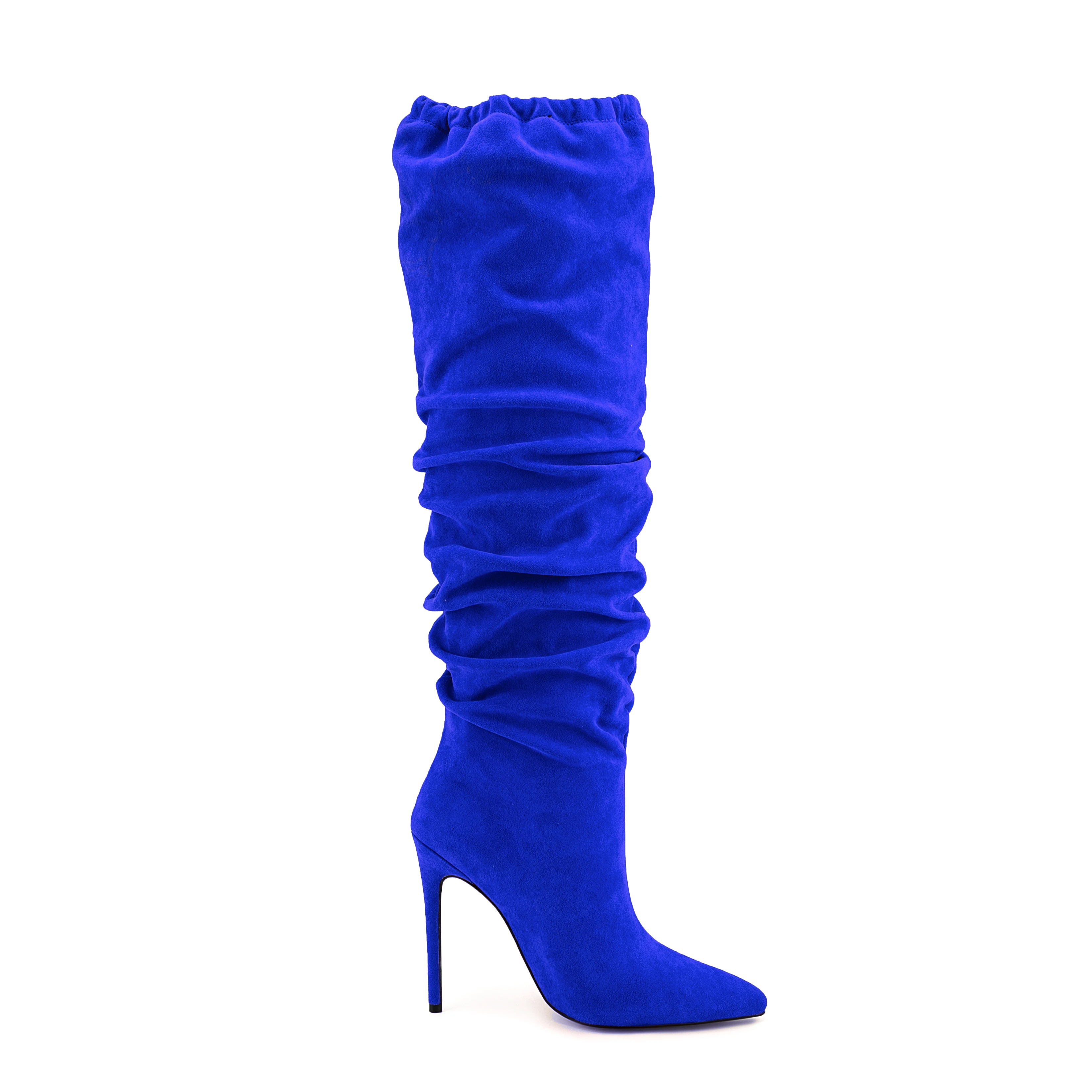 Sexy Point Toe Wide Shaft Stiletto Heels Women Royal Blue Faux Suede Fashion Winter Ruched Knee High Boots
