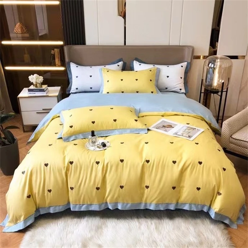 Pink Love Heart Embroidered Quilt Cover 4 Piece Set 100% Cotton Korean Girls Lovely Bedding Duvet Cover Cotton