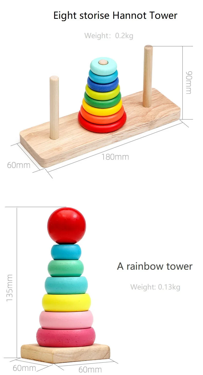 Rainbow Hanoi Tower Unisex Cognitive Color Discrimination Stacking Game Educational Interactive Toy Young Children Made Wood