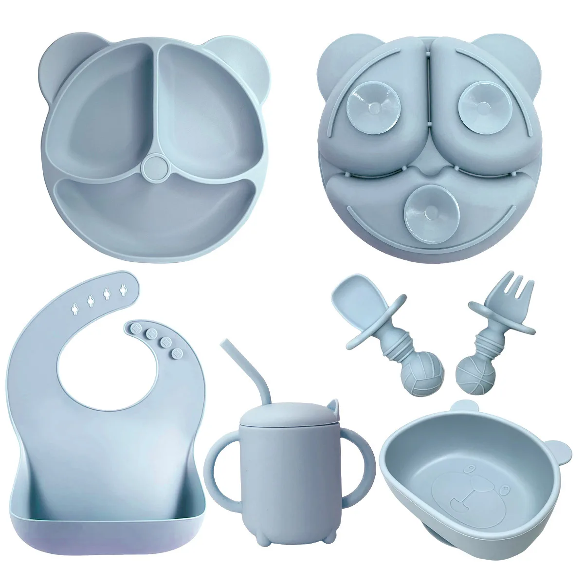 Silicone Baby Feeding Set utensils bibs sets Include Baby Plate Spoon Fork Bib Bowl Water & Snack Cup
