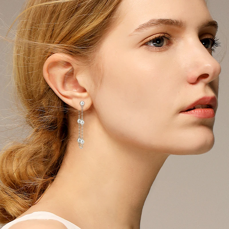 Wholesale of New product Long Chain Tassel 925 Sterling Silver Bezel 3mm Moissanite Drop Earrings for Women